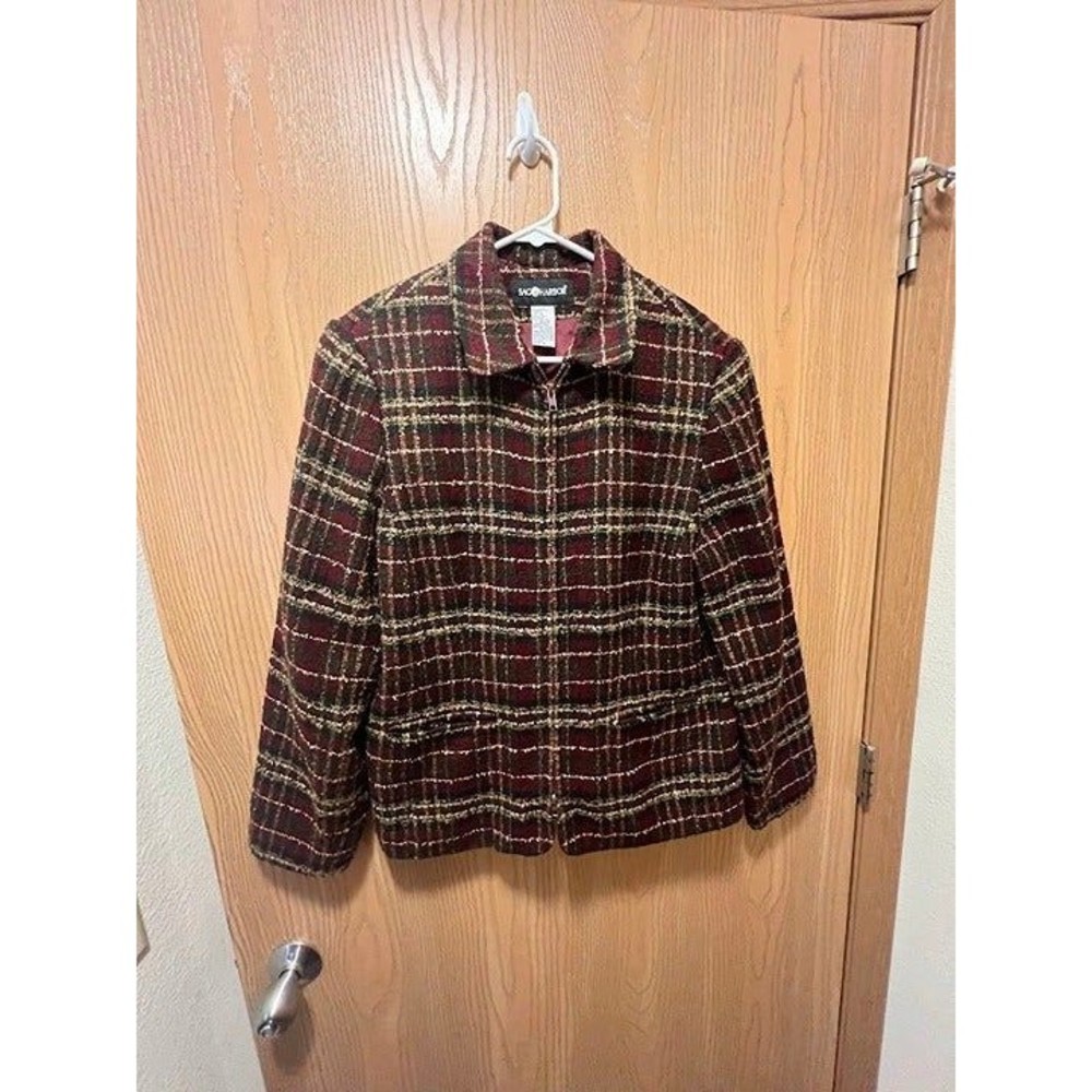 Sag Harbor Plaid Tweed Two Way Zipper Blazer Jacket Maroon Forest Green
